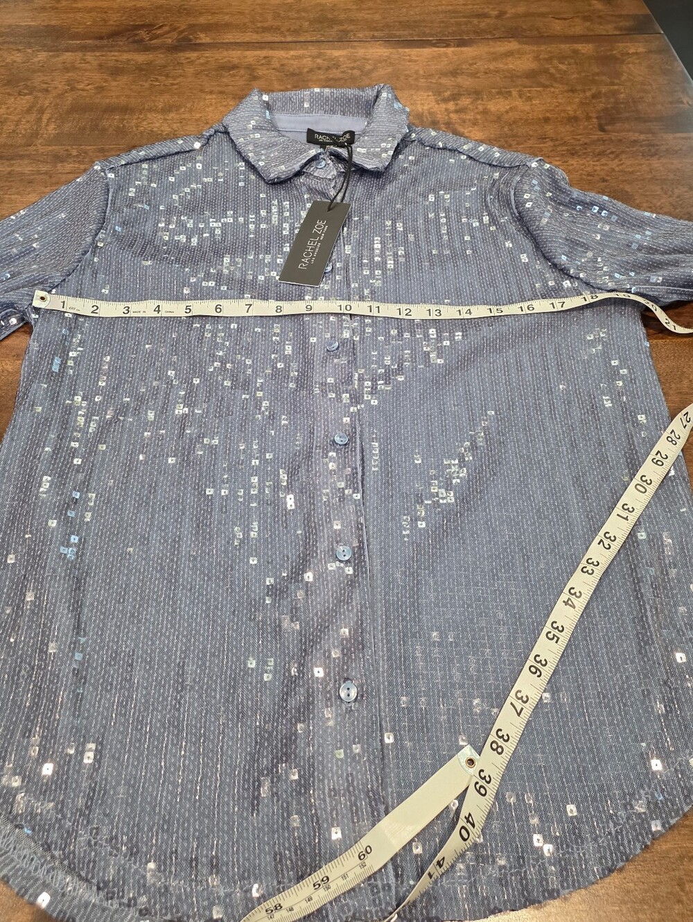 NWT Rachel Zoe Silver Blue Gray Sequin Button Shirt Jacket Medium - Picture 8 of 14